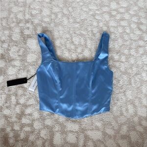 Babaton Blue Satin Square-Neck Crop Top